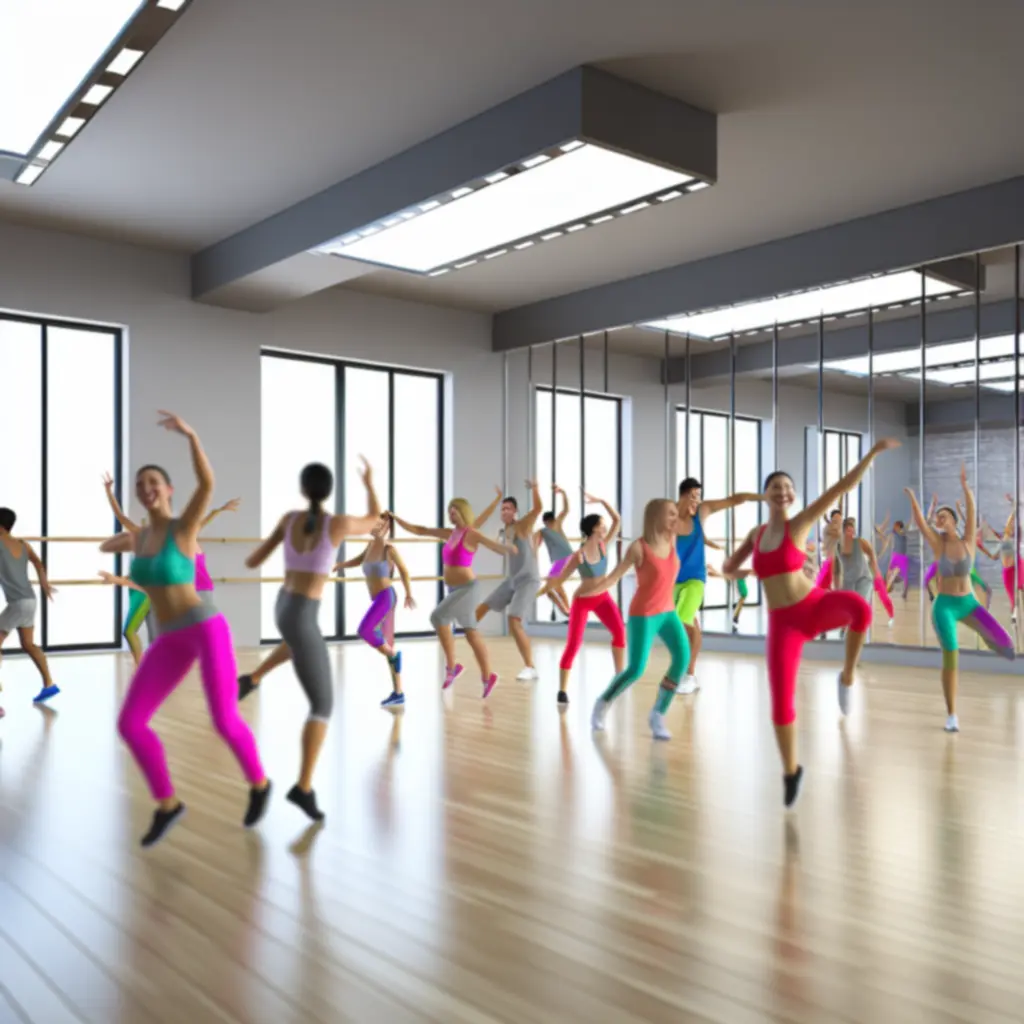 Dansers in een moderne studio tijdens een energieke groepsles