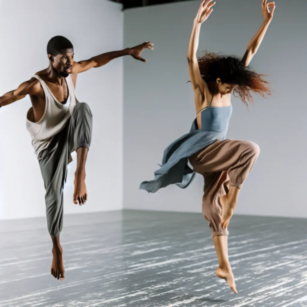 Contemporary dansers in een dynamische sprong