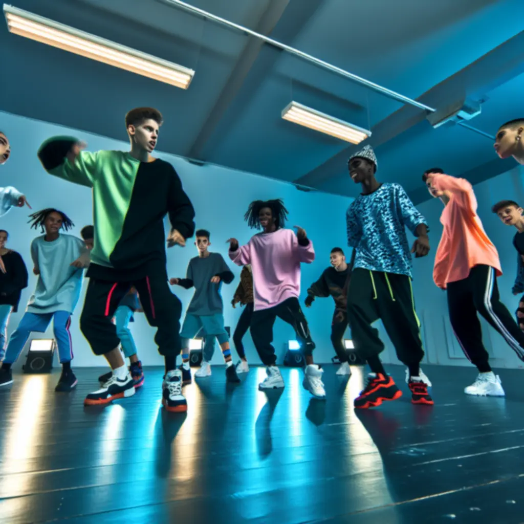 Hiphop groep in de studio tijdens een energieke choreografie