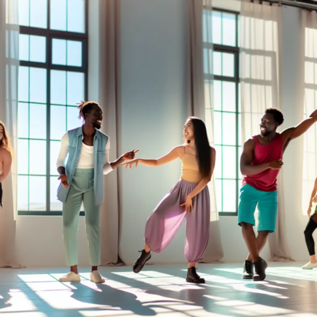 Groep dansers die lachen en samen een choreografie oefenen in een lichte studio.