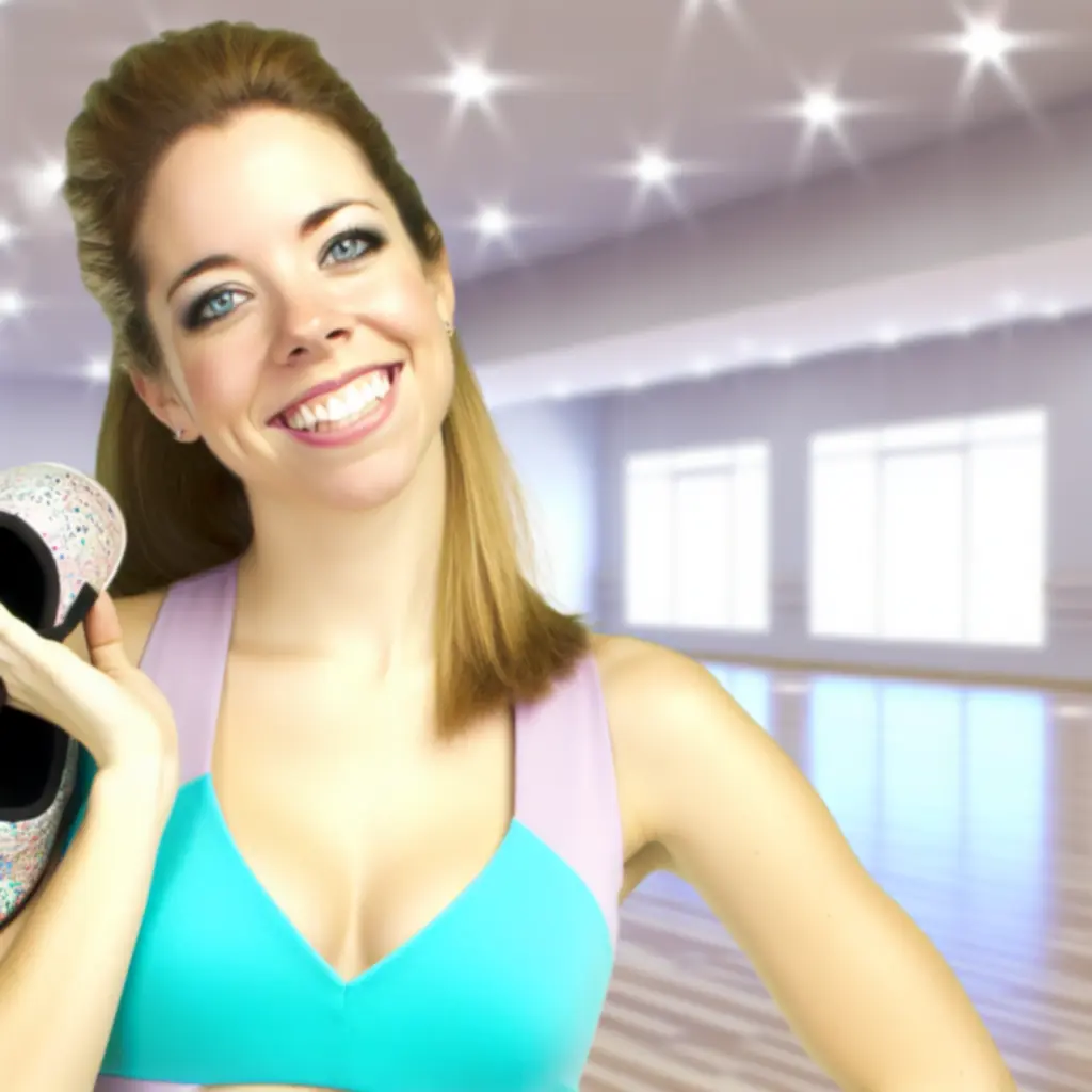 Portret van Ana van Dijk, lachend met dansschoenen over haar schouder.