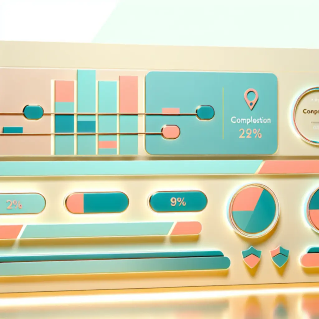 Voorbeeld van een voortgangsdashboard met badges en procenten