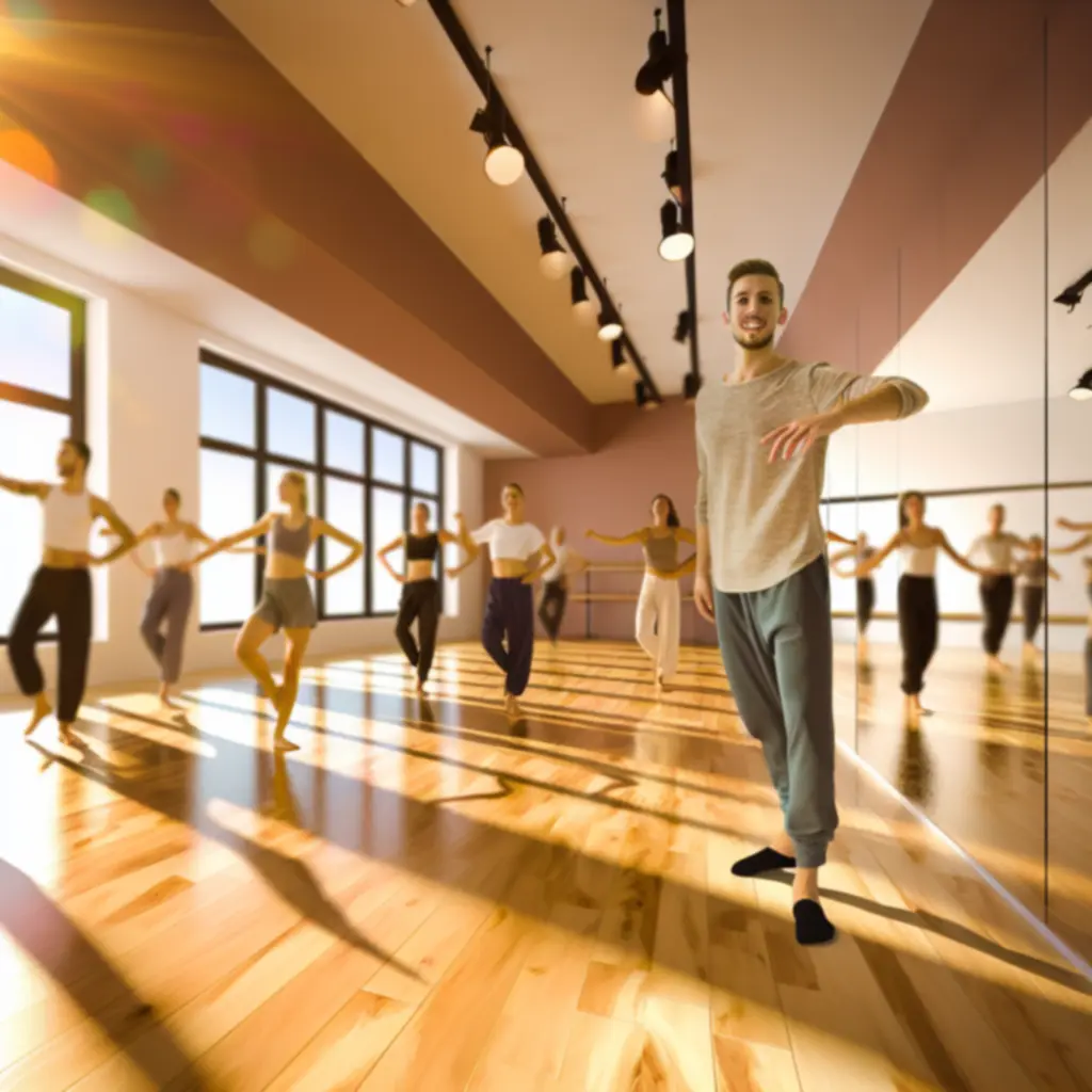 Lichte dansstudio met houten vloer en spiegels waar een les plaatsvindt