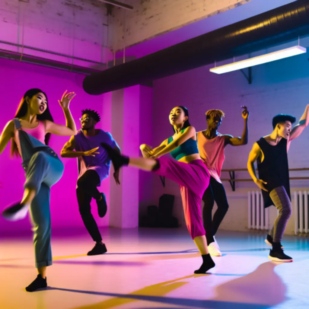 Vibrante dansrepetitie in de BeginNuNL studio met kleurrijke verlichting