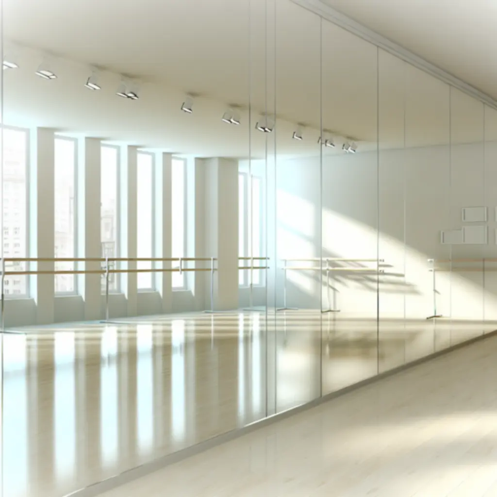 Lichte studio met spiegelwand en houten vloer